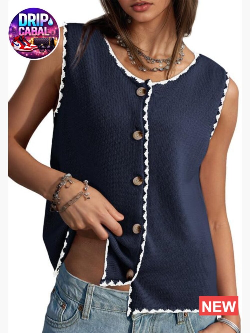 Color Block Button Up Sleeveless Sweater Vest Crew Neck Knit Top - Size S-2XL